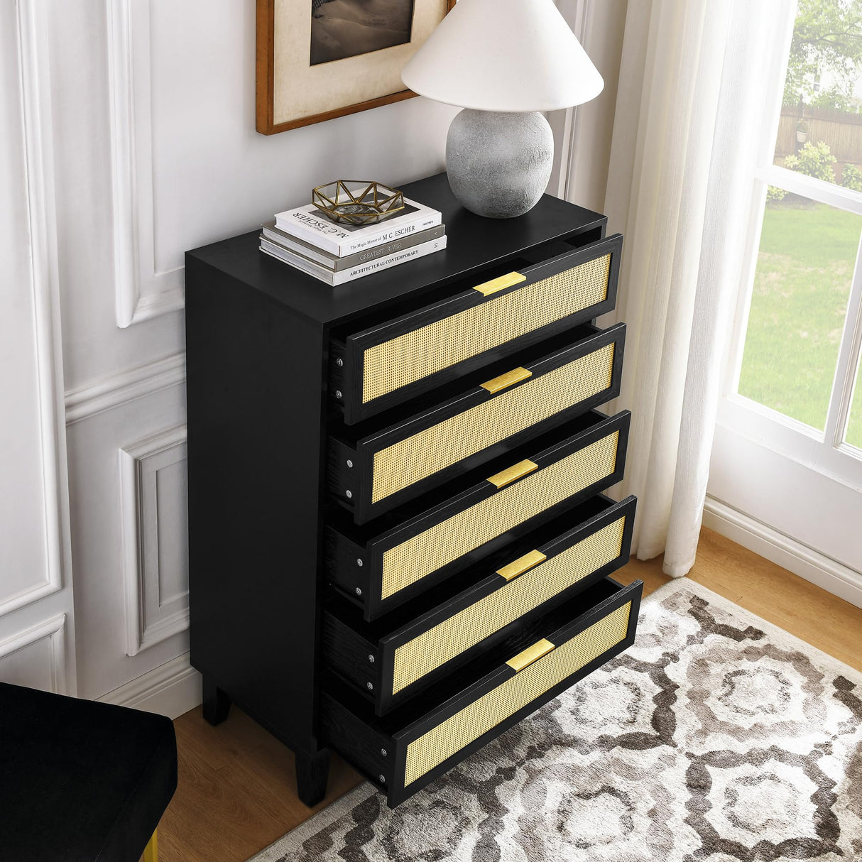 5 Drawers Dresser for Bedroom, 50'' Tall Rattan Dresser, Boho Chest of Drawers with Gold
