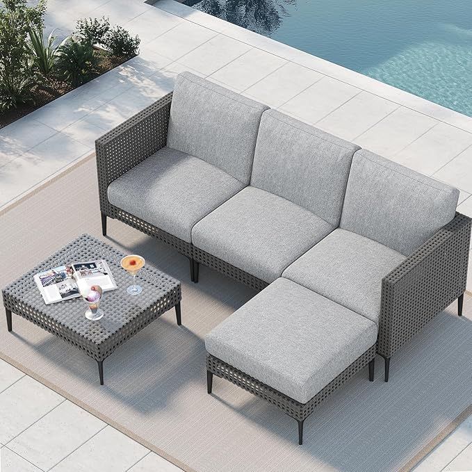 Outdoor Patio Sofa Conversation Set–Rattan 4 Seats Comfortable Couch for Garden