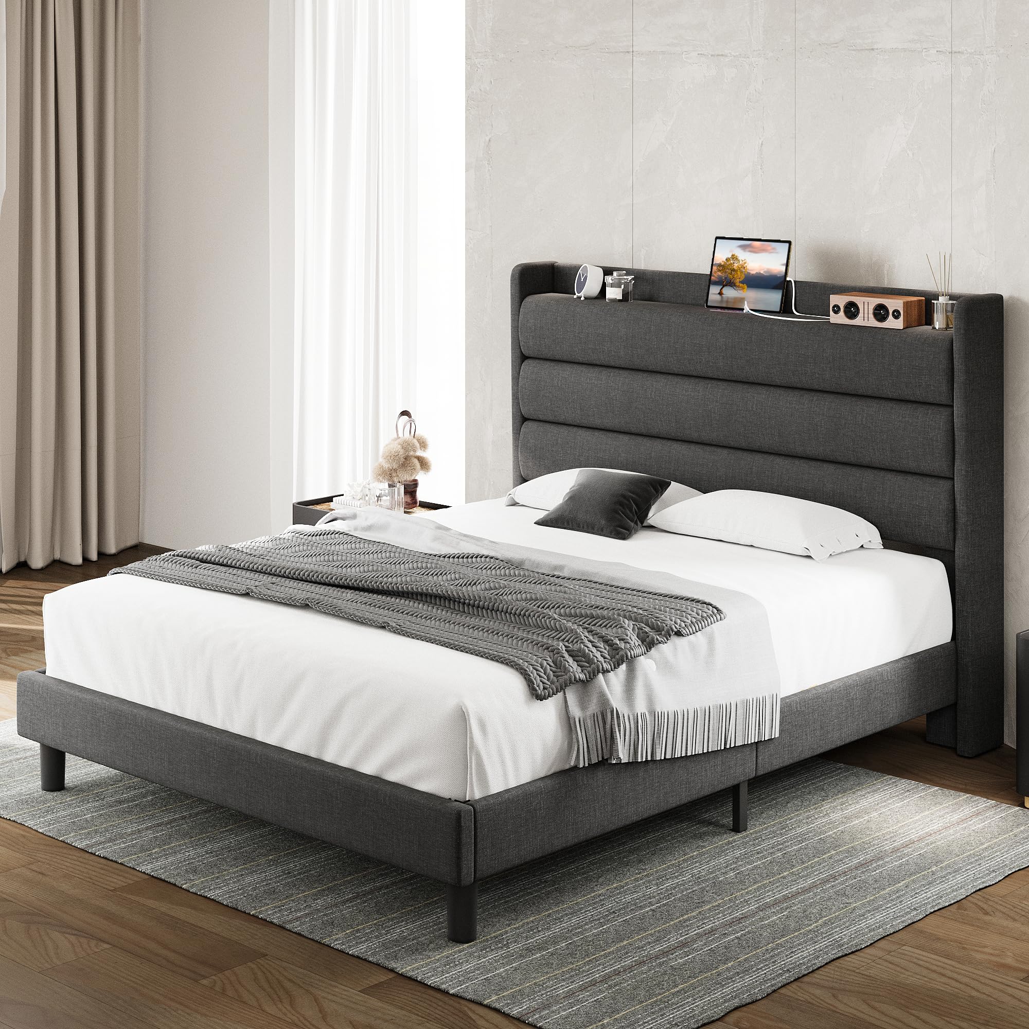 Queen Size Bed Frame, Storage Headboard with Outlets, Sturdy and Stable