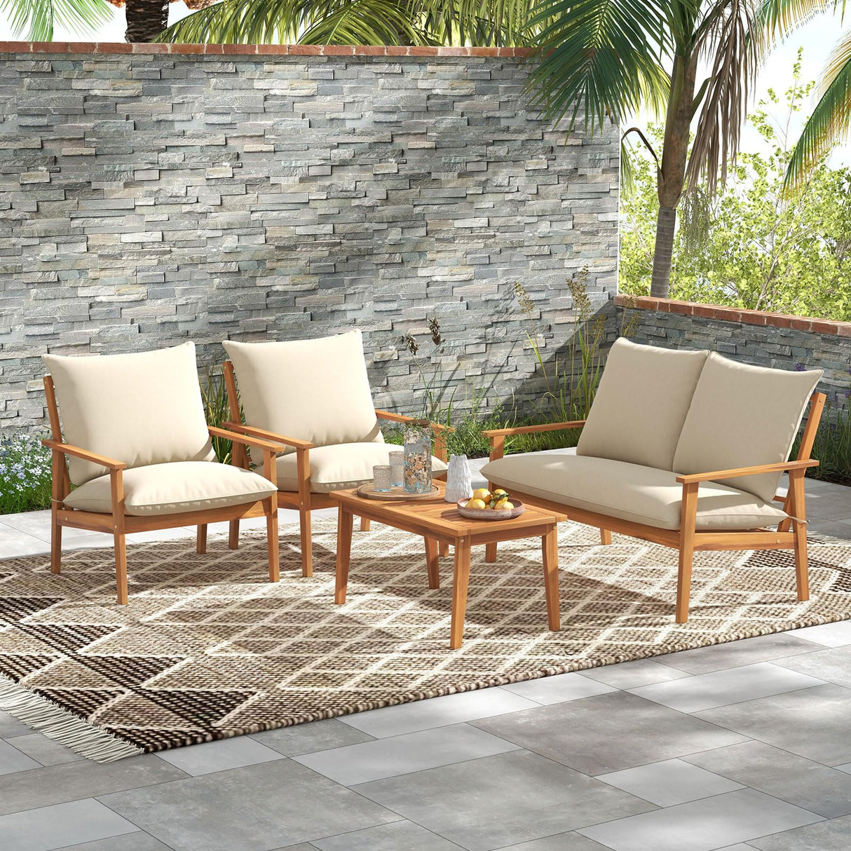 4 Pieces Patio Furniture Set, Outdoor Acacia Wood Conversation Set