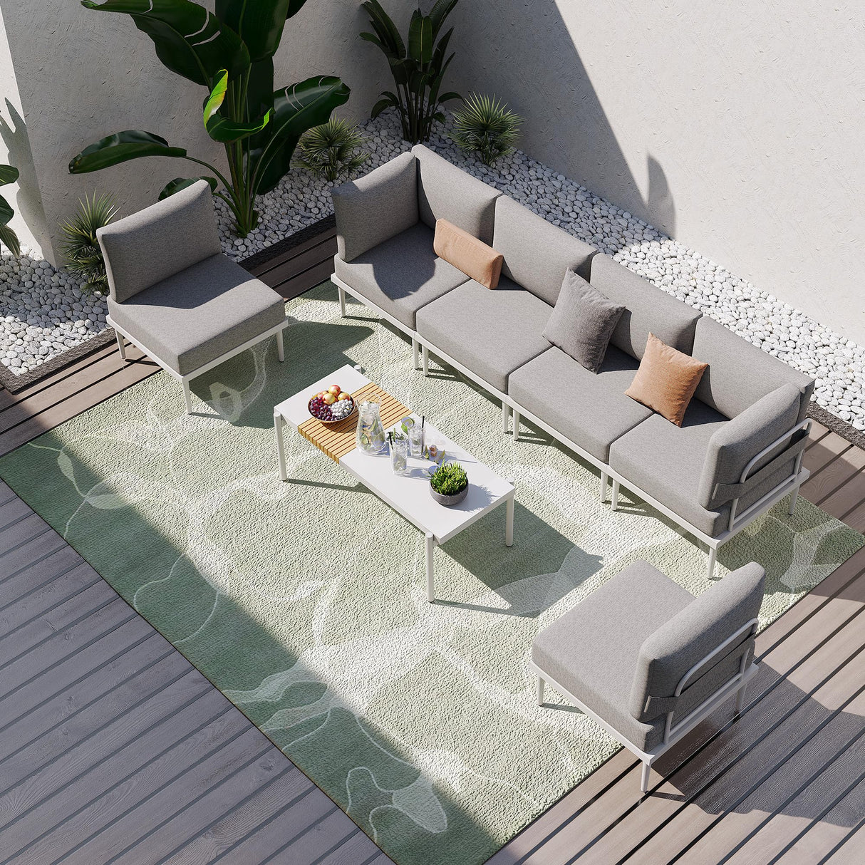 7 Pieces Metal Patio Furniture Set, Outdoor Sectional Sofa w/6 Inch Olefin Cushion and Coffee Table