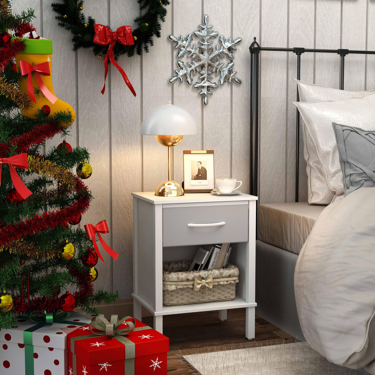 End Table Set of 2, White Nightstand with Fabric Drawer, Bed Side Table,Side Table