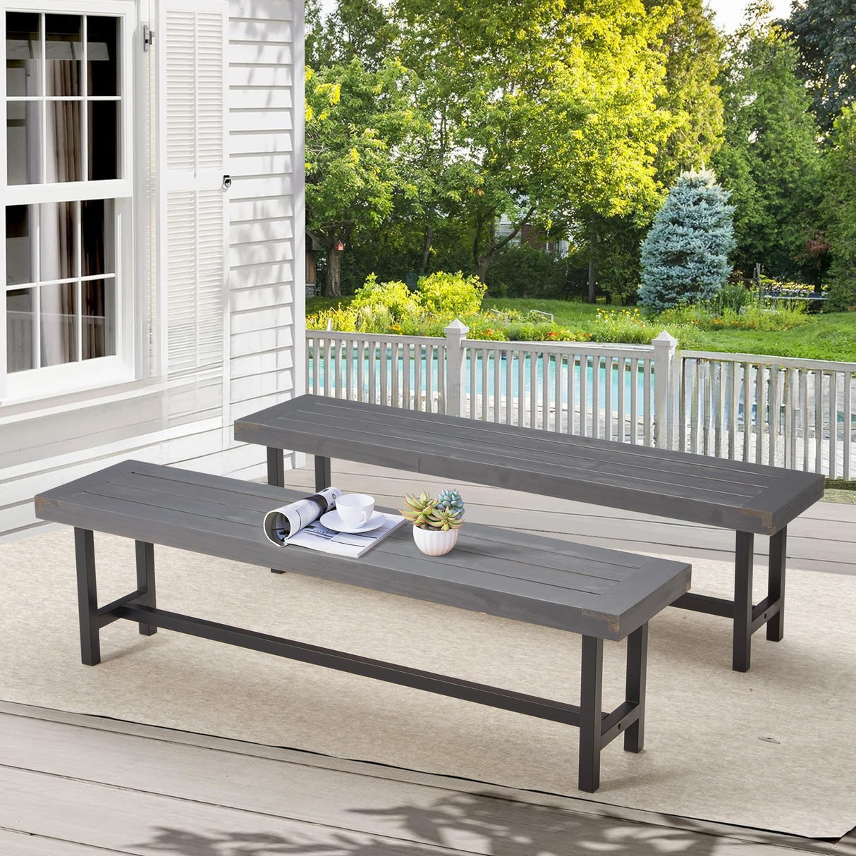 Outdoor Wood Benches Set of 2, Patio Wooden Picnic Bench Waterproof