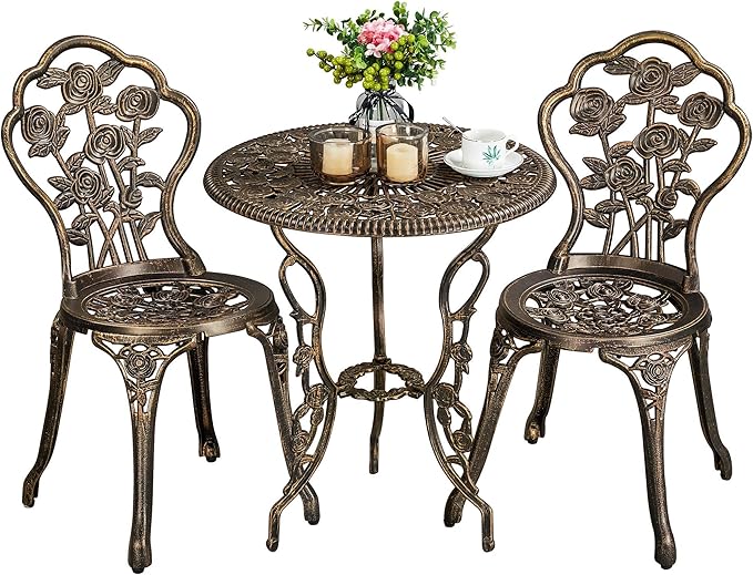 3-Piece Outdoor Bistro Set w/Rose Design, Rust-Resistant Cast Aluminum Table and Chairs
