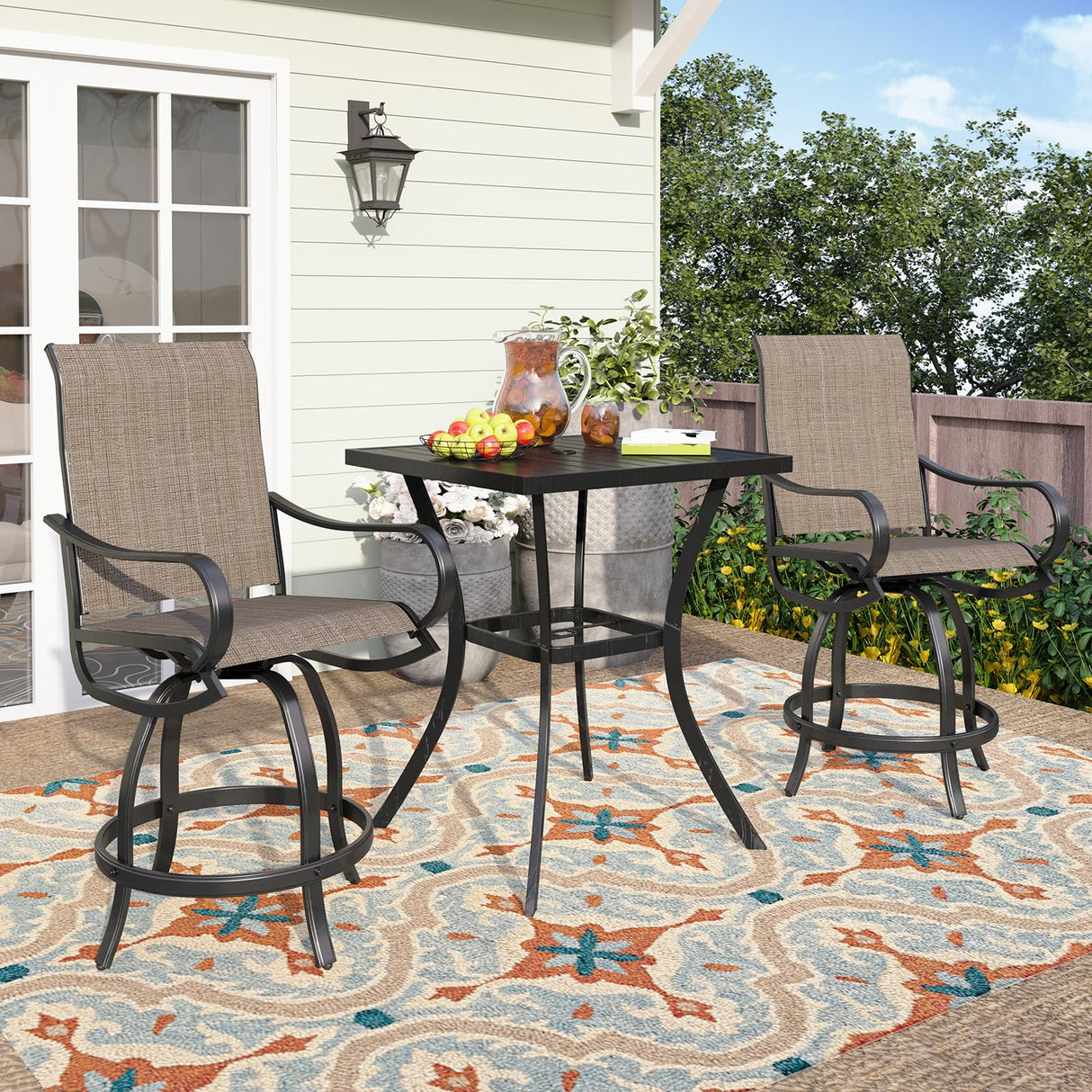 3 Piece Outdoor Bar Set, Counter Height Patio Bar Bistro Table and Swivel