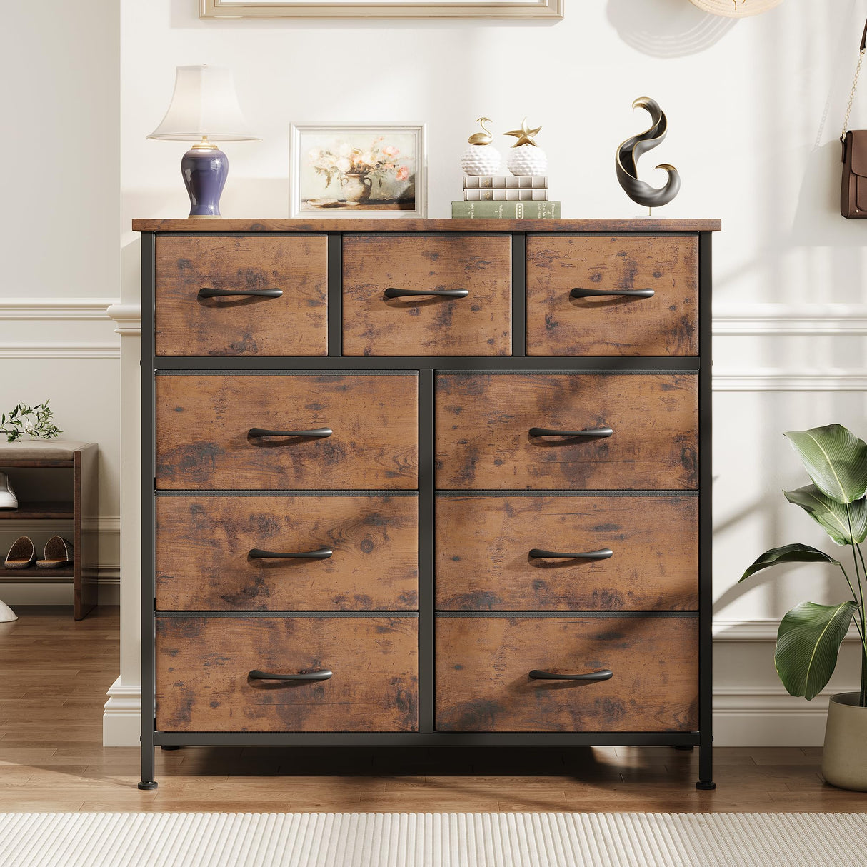 Fabric Dresser for Bedroom with 9 Drawers - Sturdy Steel Frame