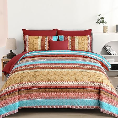 Set King Size 8 Piece Bed in a Bag Bohemian Striped Bedding Quilt Set