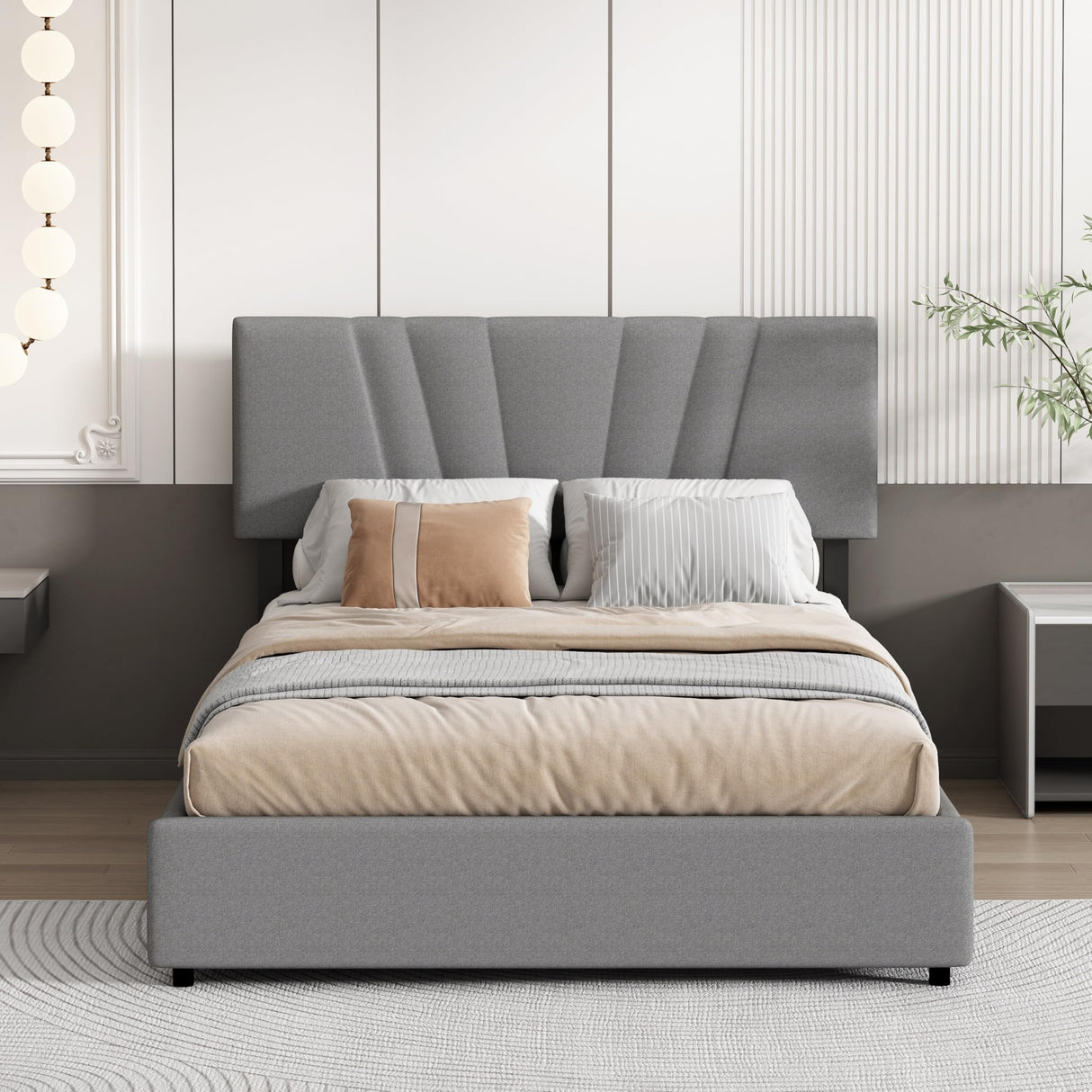 Upholstered Platform Bed with Lifting Storage Grey