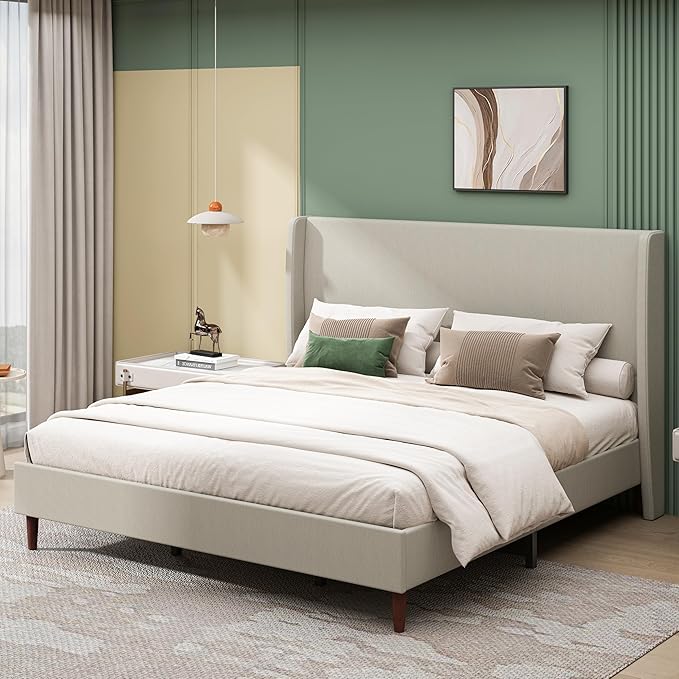 King Size Bed Frame,Linen Upholstered Platform Bed with Wingback Headboard