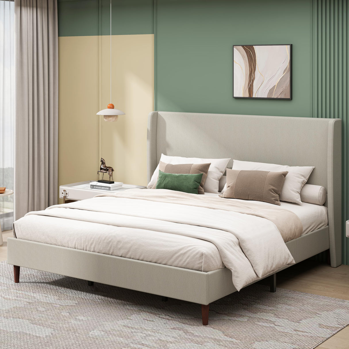 King Size Bed Frame,Linen Upholstered Platform Bed with Wingback Headboard