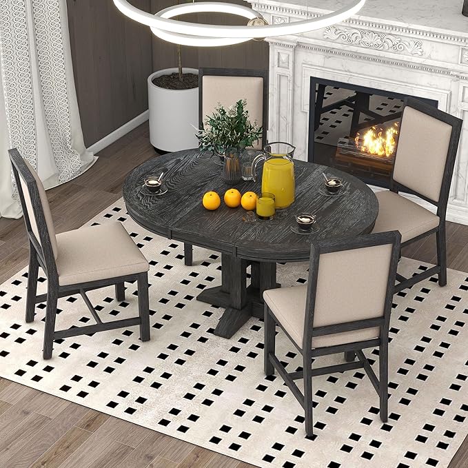 Dining Table Set, Wood Round Dining Table Set with Extendable Table and 4 Upholstered