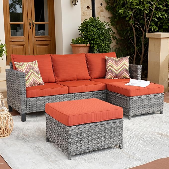 Patio Sofa 3 Pieces Patio Furniture Set Outdoor Wicker Sofa Couch with Ottomans