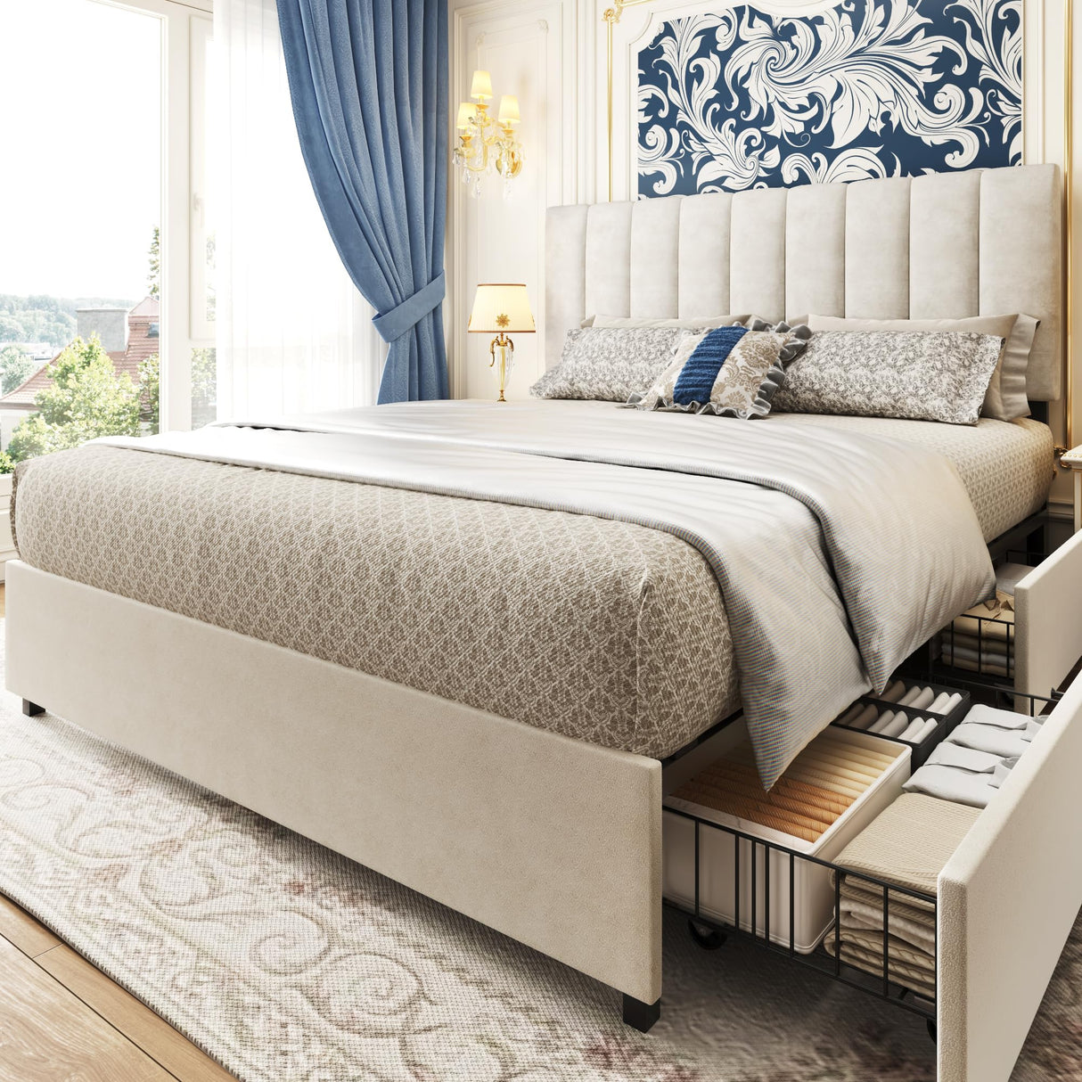 Queen Bed, Queen Bed Frame with Headboard & 4 Storage Drawers