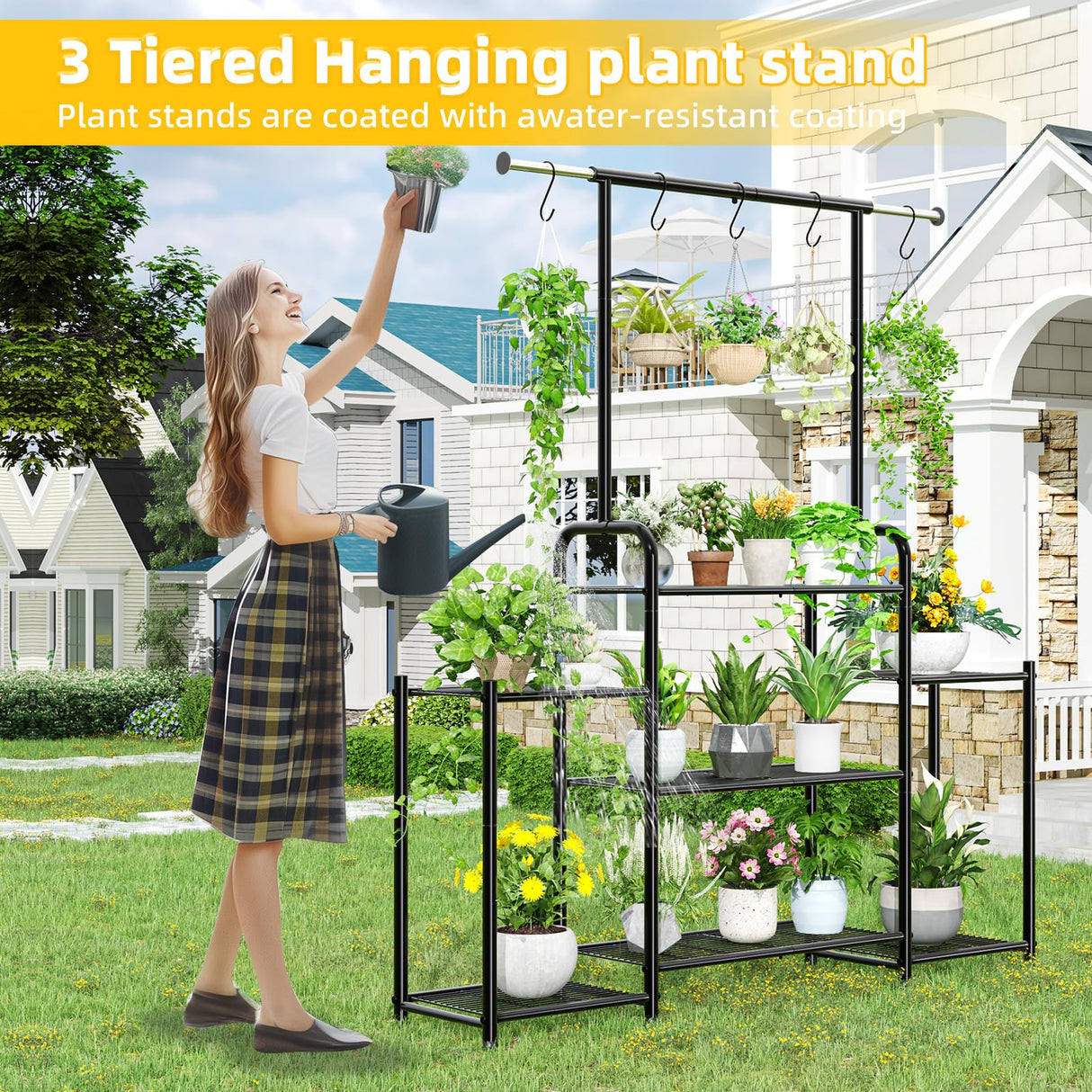Simple Trending Plant Stand Indoor Outdoor, Metal 3 Tier Tall Hanging Plant Shelf for Multiple Flower Planter Large Heavy Duty Ladder Plant Holder for Garden, Black
