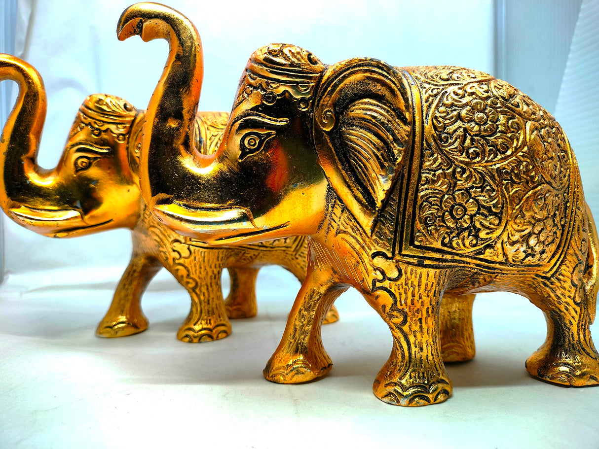 URBAN HAAT Metal Elephant Showpiece, 5 Inch, Aluminium Gold Plated, 2 Piece