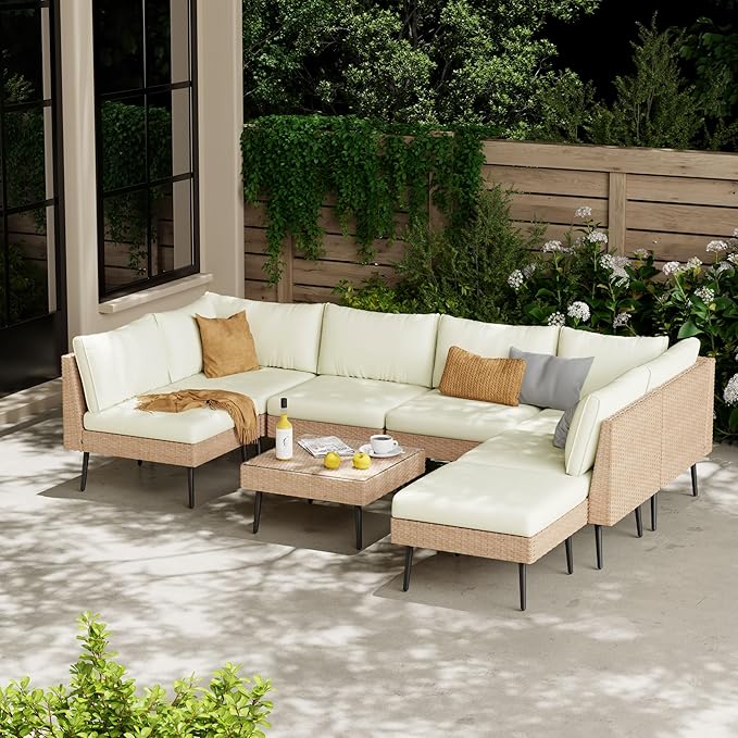 Outdoor Patio Sectional Furniture Set, 8 Piece Wicker Conversation Patio Furniture