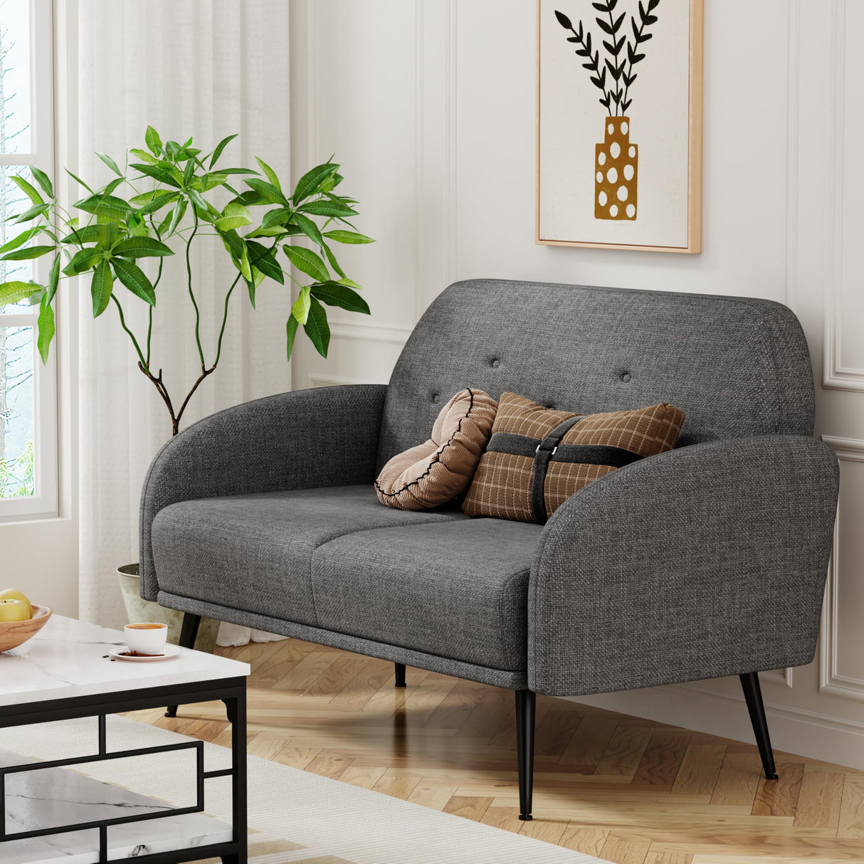 Loveseat Bench Couch, Upholstered Linen Love Seat Sofa 2-Seats