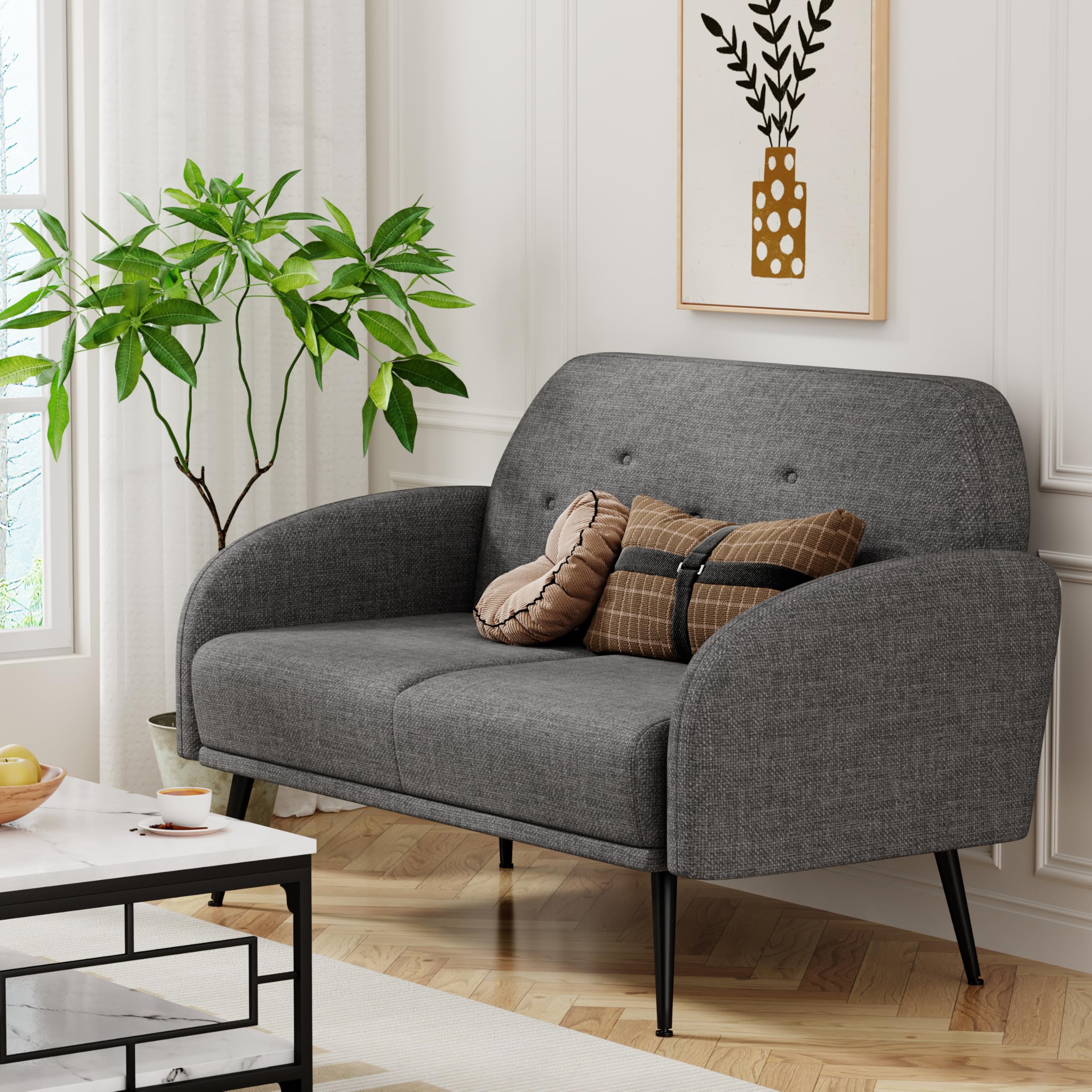 Loveseat Bench Couch, Upholstered Linen Love Seat Sofa 2-Seats