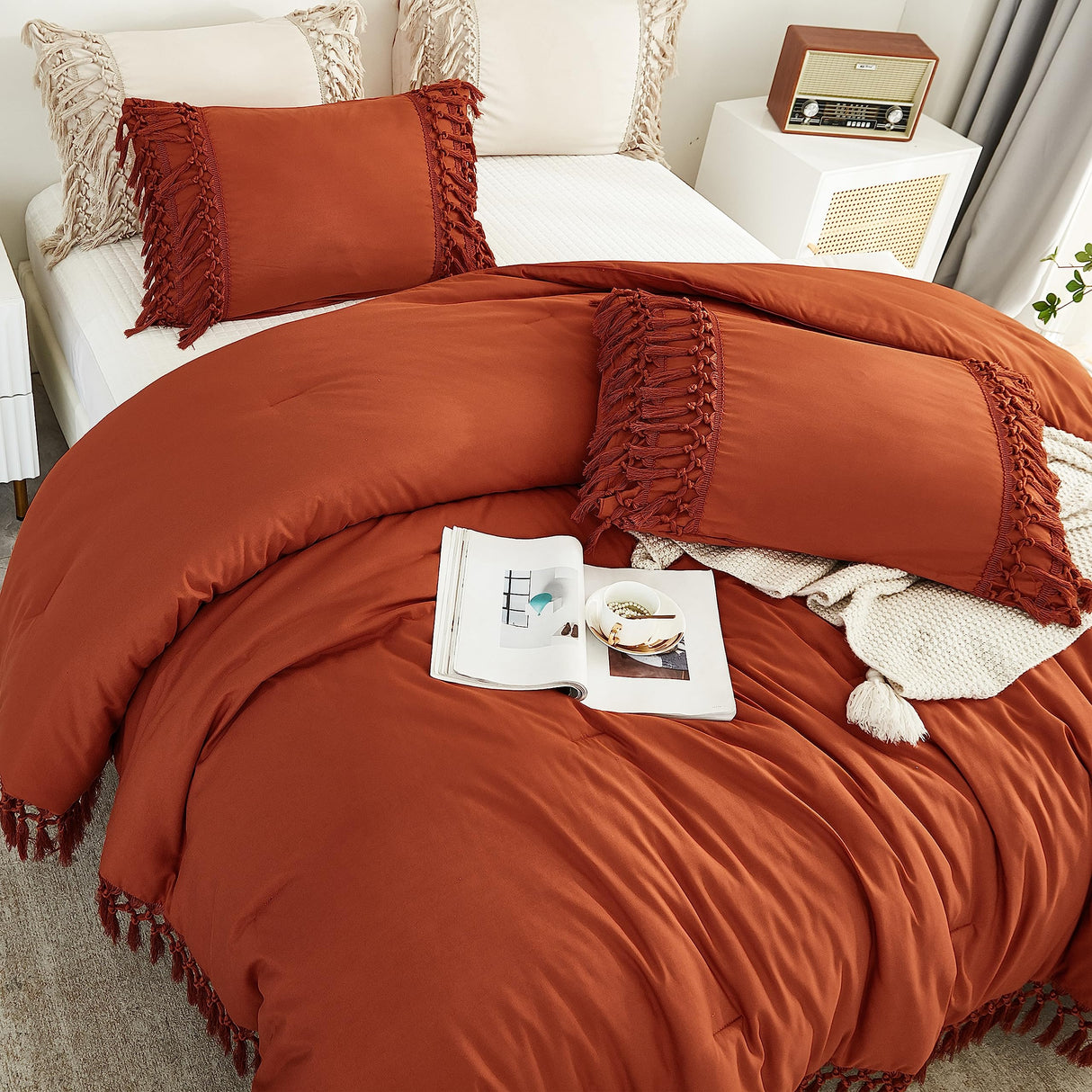 Queen Comforter Set Burnt Orange, 3 Pieces Boho Terracotta Lightweight Fall Bedding