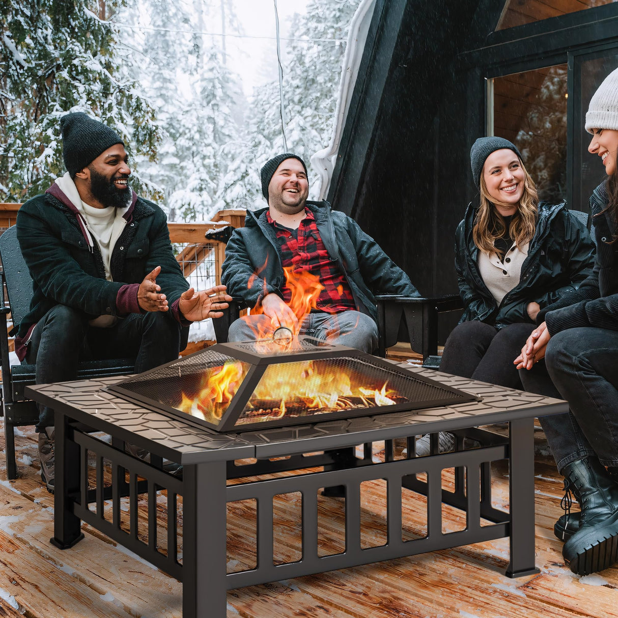 Rankok 32" Multifunctional Outdoor Fire Pit Table with Spark Screen, Fire Grate and Poker Metal Square Fireplace for Outdoor Heating, Backyard BBQ, Camping and Garden Bonfire Party - Bircata