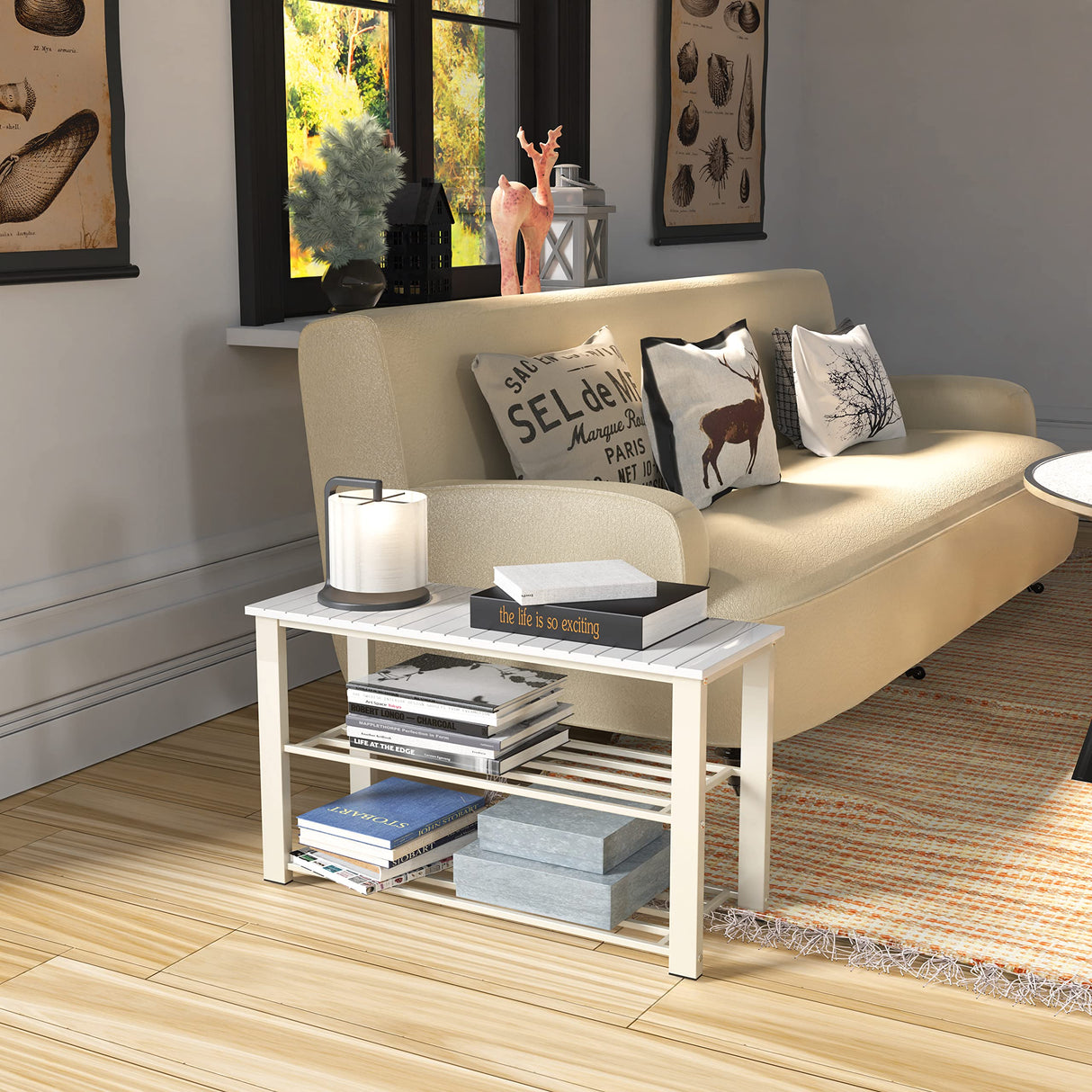 Wood Top Shoe Storage Bench for Entryway, White