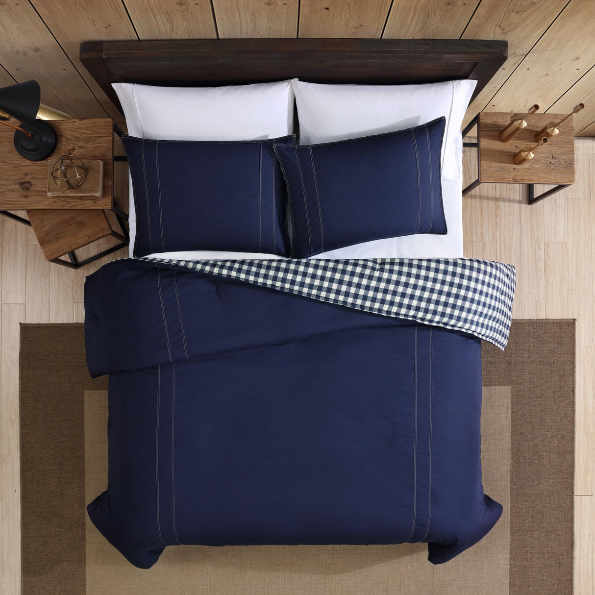 King Comforter Set, Reversible Cotton Bedding with Matching Shams, Pre-Washed for Added Softness (Kingston Navy, King)