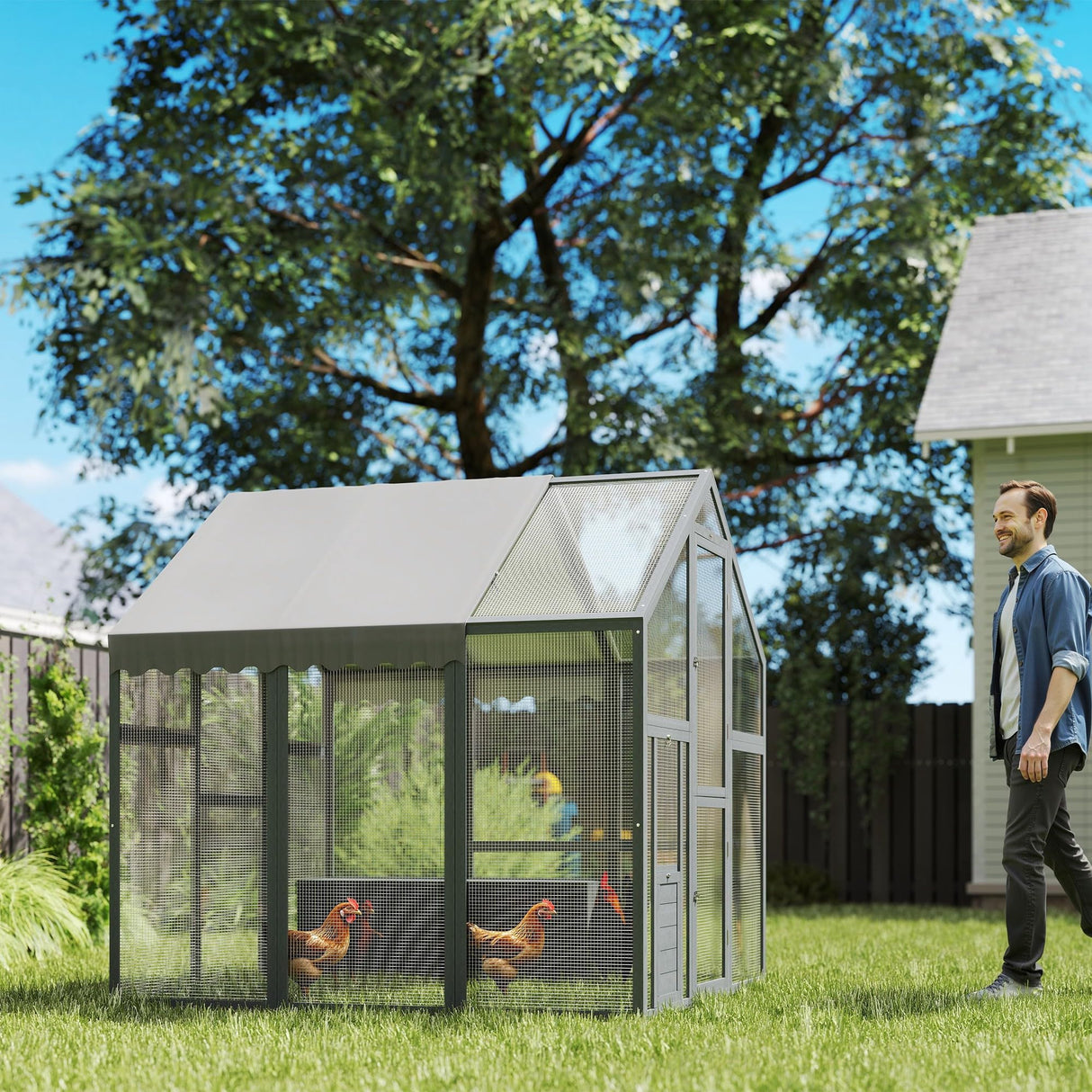 Large Chicken Run, Wooden Chicken Coop with Waterproof & Anti-UV Cover, Split Door