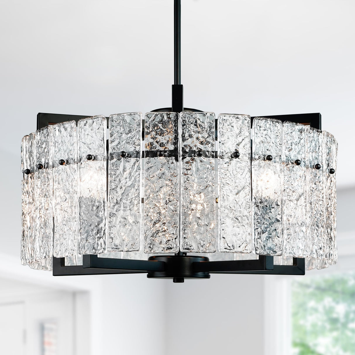 Modern Black Crystal Chandeliers for Dining Room, Luxury Water Ripple Glass Light Fixture