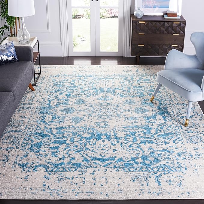 Madison Collection Area Rug - 8' x 10', Teal & Ivory, Snowflake Medallion Distressed Design