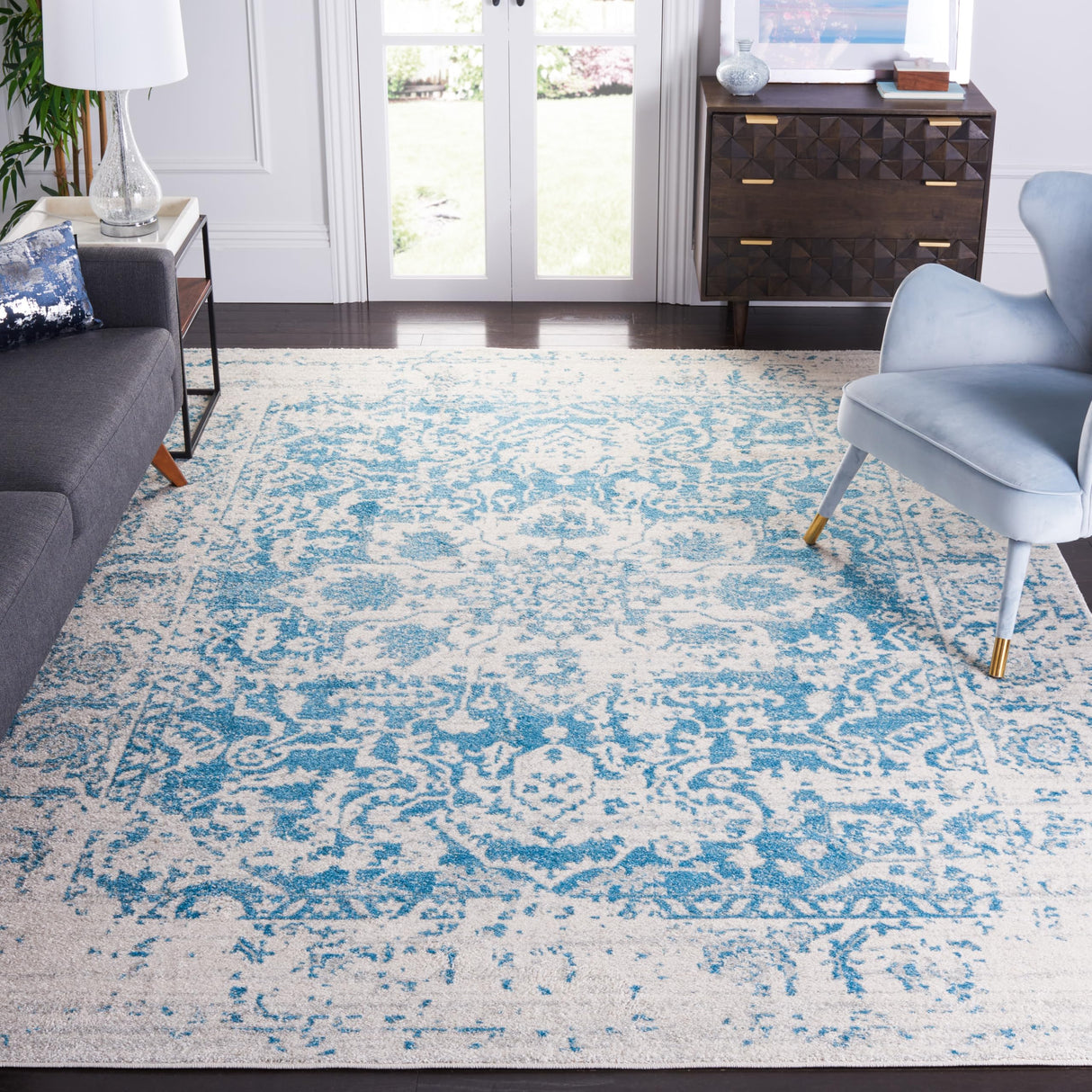 Madison Collection Area Rug - 8' x 10', Teal & Ivory, Snowflake Medallion Distressed Design