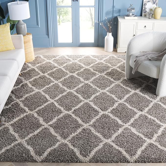 Hudson Shag Collection 9' Square Grey/Ivory SGH283B Moroccan Trellis Non-Shedding