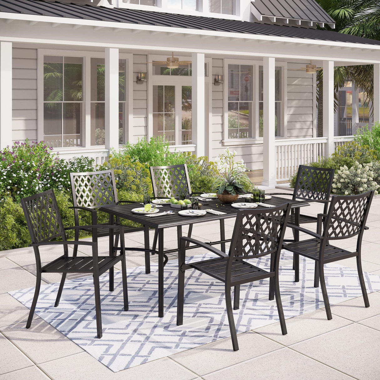 7-Piece Outdoor Dining Set, 6 Stackable E-Coating Metal Chairs and 1 Black Rectangular