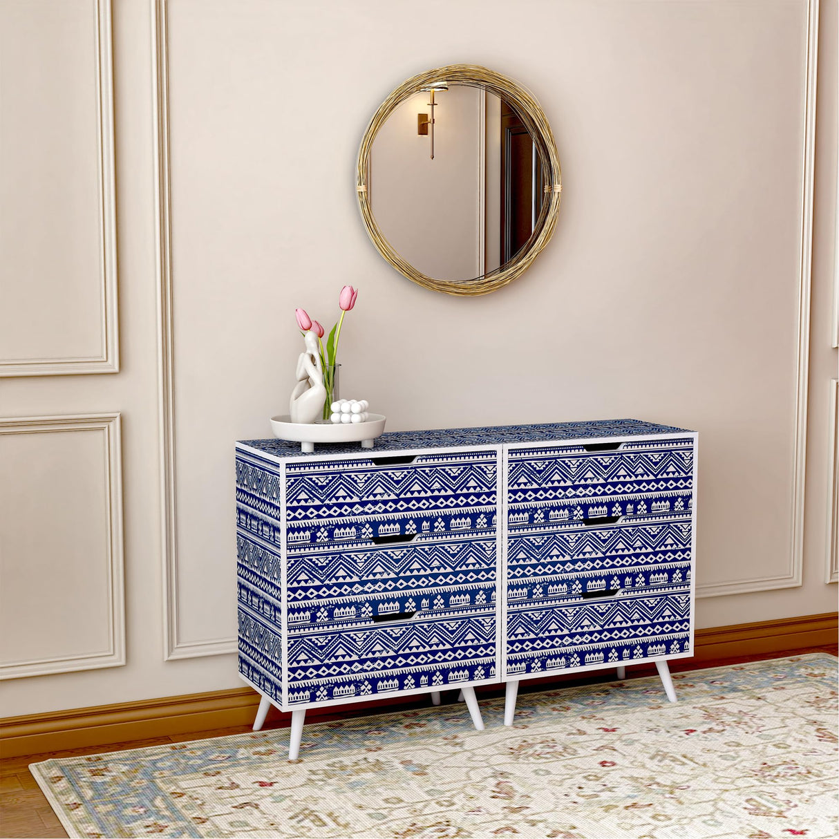 Boho Nightstand Set of 2,Blue Night Stand with 3 Drawer,Bohemian Nightstand Bedside