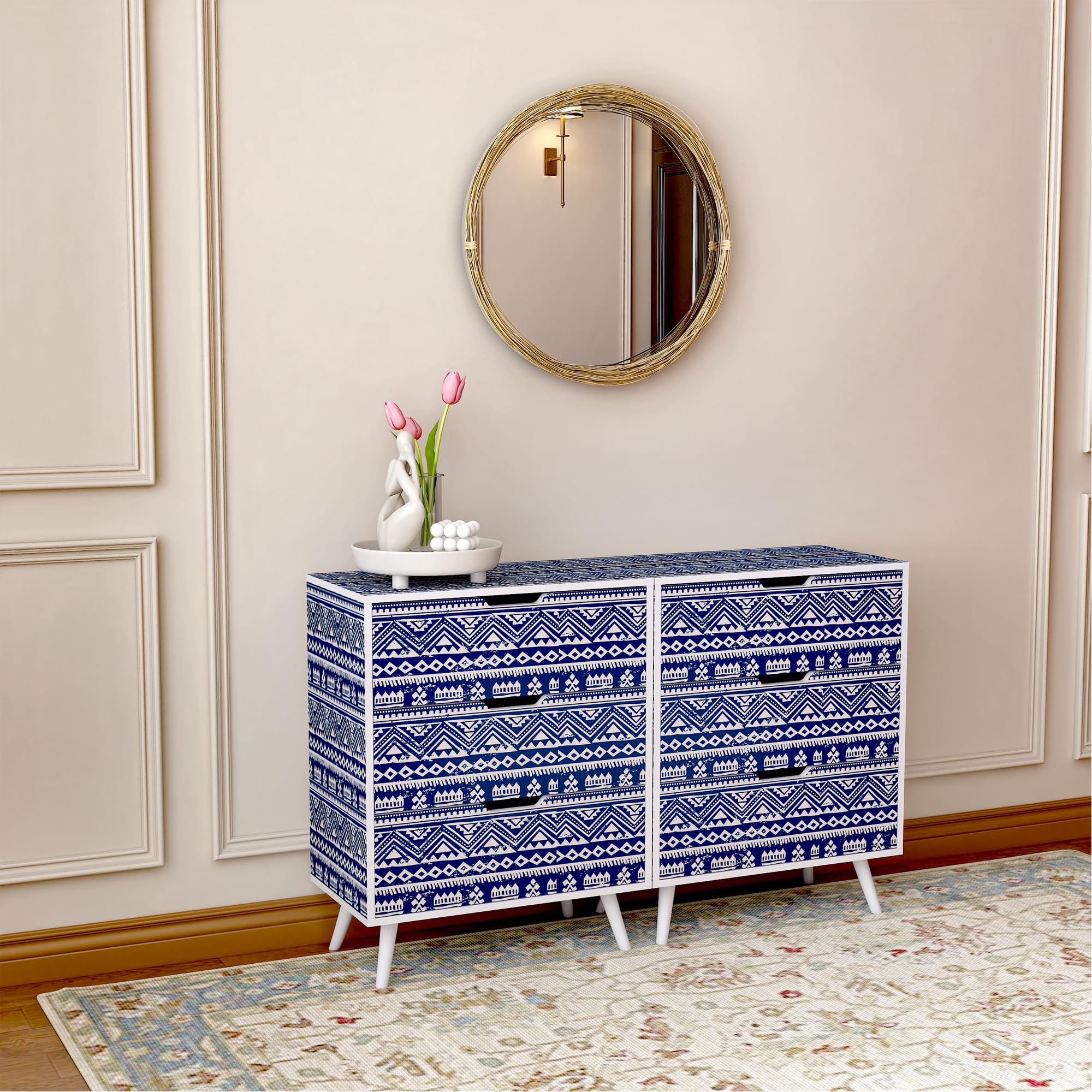 Boho Nightstand Set of 2,Blue Night Stand with 3 Drawer,Bohemian Nightstand Bedside