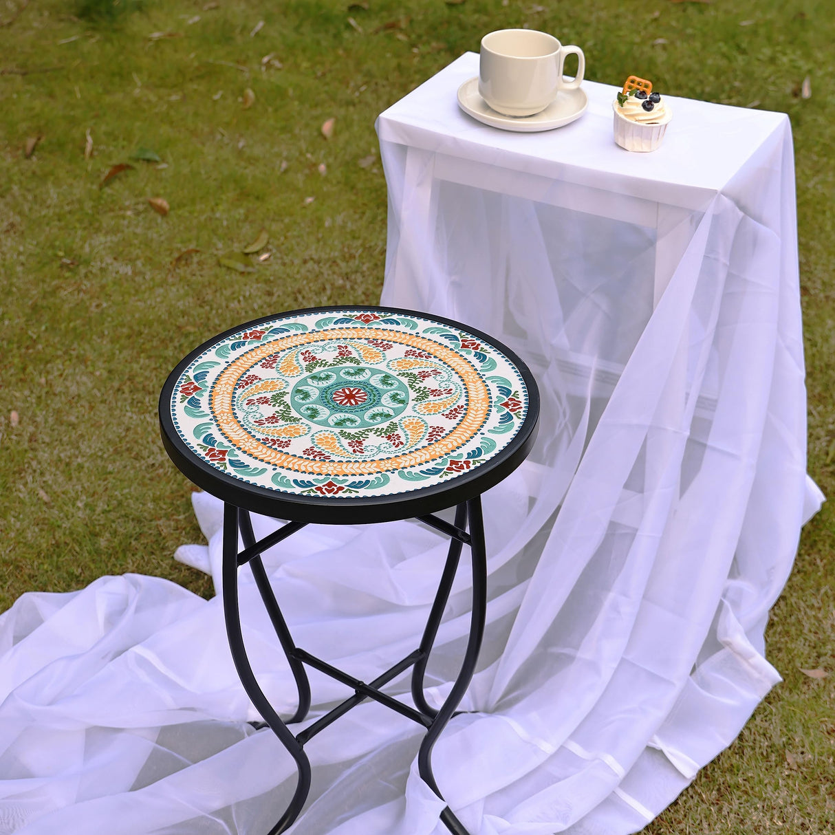 Elevon 14 Inch Round Side Ceramic Tile Top Indoor and Outdoor Accent Table, Sun - Bircata