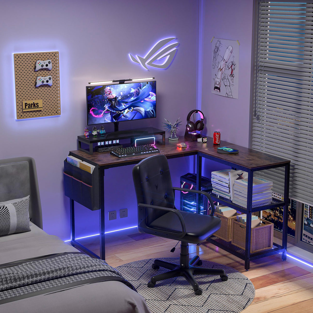 L Shaped Computer Desk, 47" PC Writing Study Workstation with Reversible Storage Shelves and Bag, Home Office