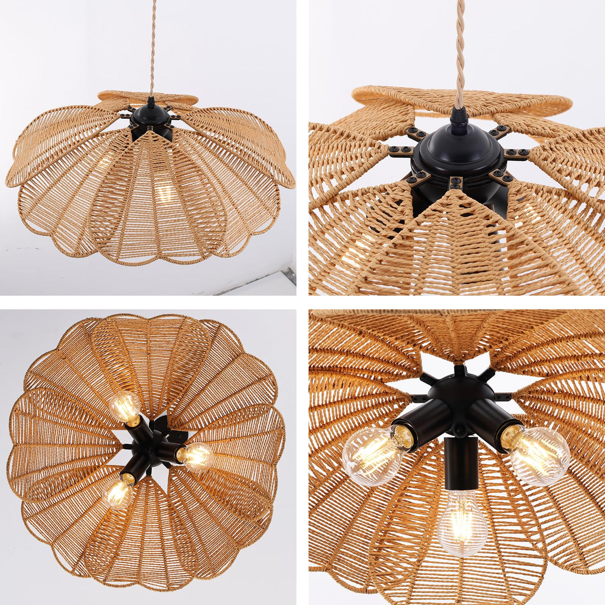 WYYSDWNE 3 Light Rattan Chandelier, 21.8 in Boho Chandelier Light Fixture, Hand Woven Wicker Pendant Light for Dining Room, Living Room, Hallway, Kitchen