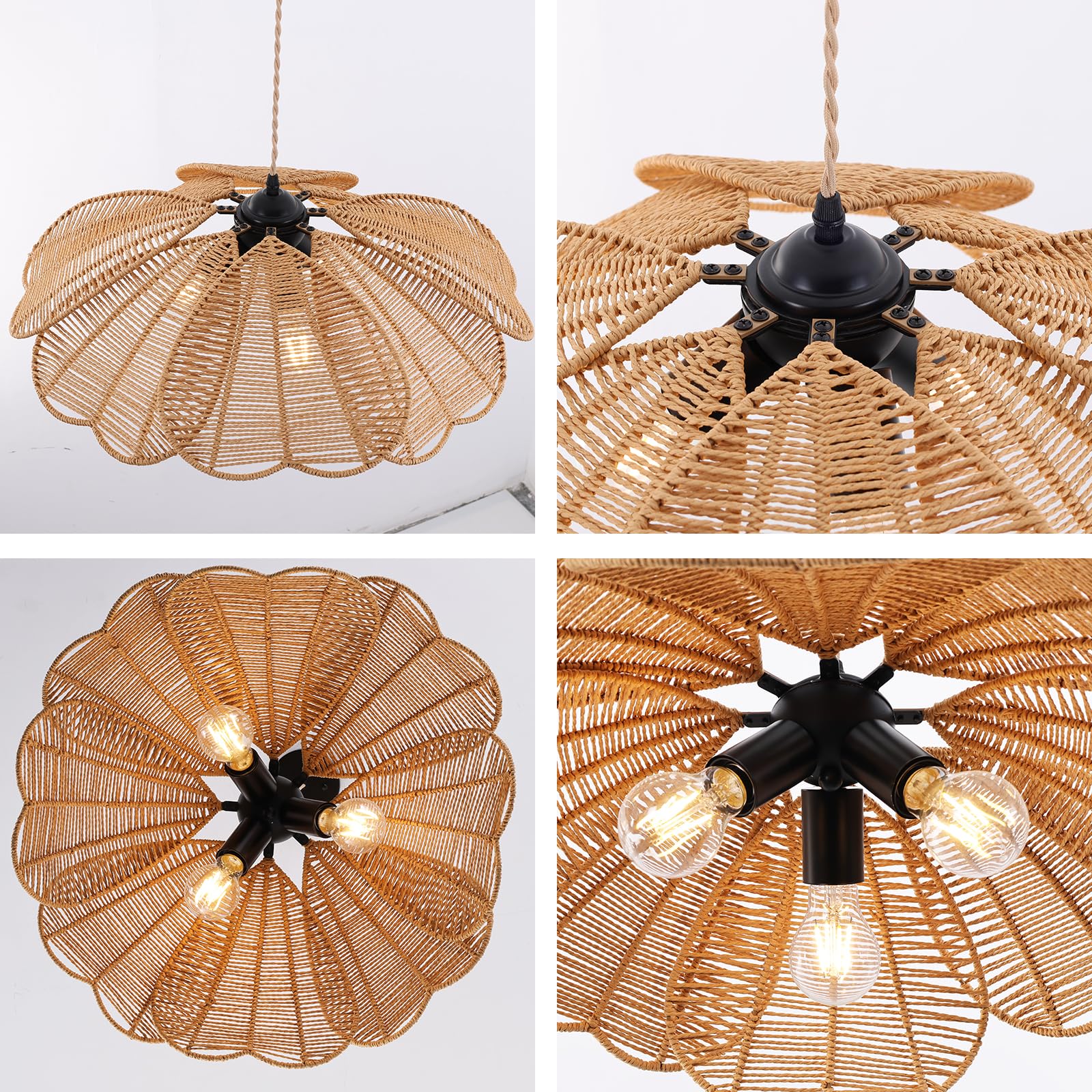 WYYSDWNE 3 Light Rattan Chandelier, 21.8 in Boho Chandelier Light Fixture, Hand Woven Wicker Pendant Light for Dining Room, Living Room, Hallway, Kitchen