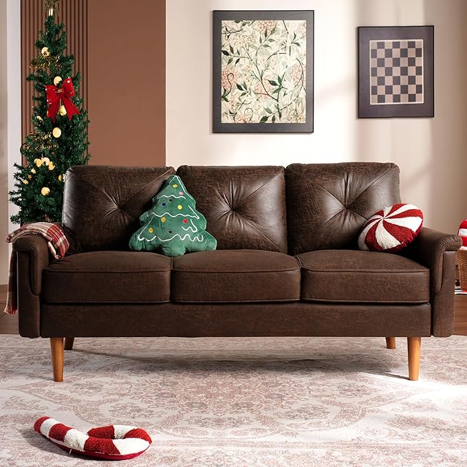 Faux Leather Mid-Century Modern Sofa for Living Room,3 Seater Couch