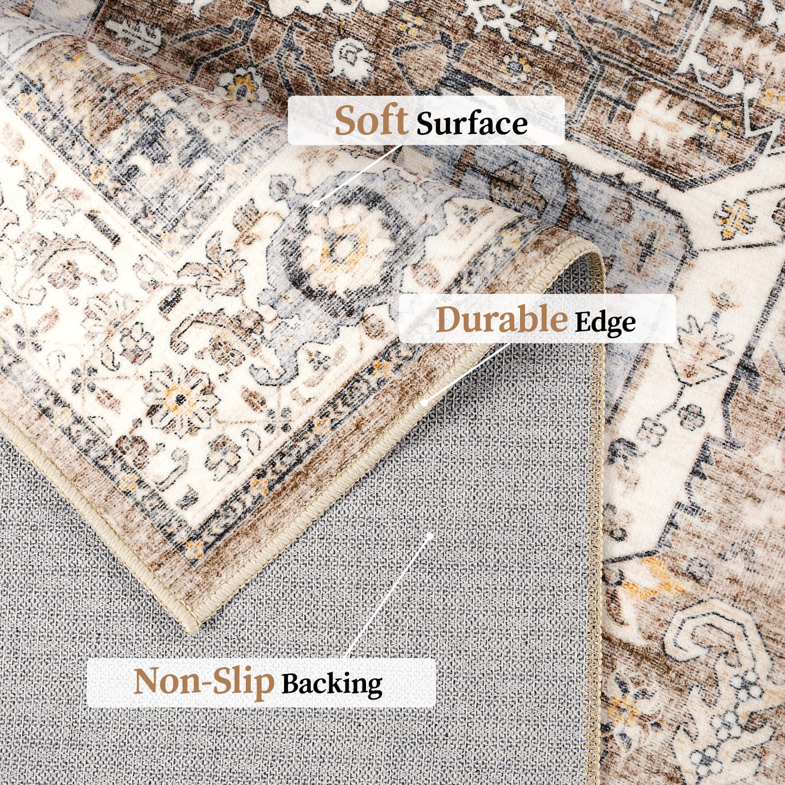 zesthome Area Rugs 8x10 Rugs for Living Room,Non-Slip Backing Washable Rugs,Vintage Printed Large Area Rug,Ultra-Thin Stain Resistant Rug (Brown,8'x10')