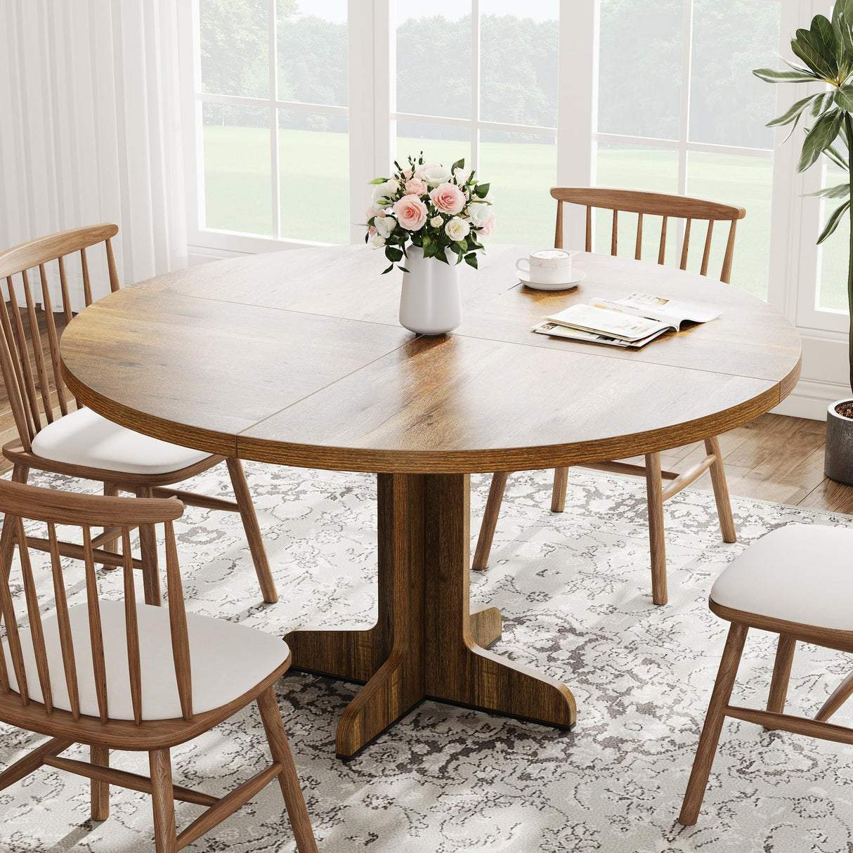 Round Dining Table for 4, 47 Inches Circle Dining Room Table with Wooden Base for Kitchen