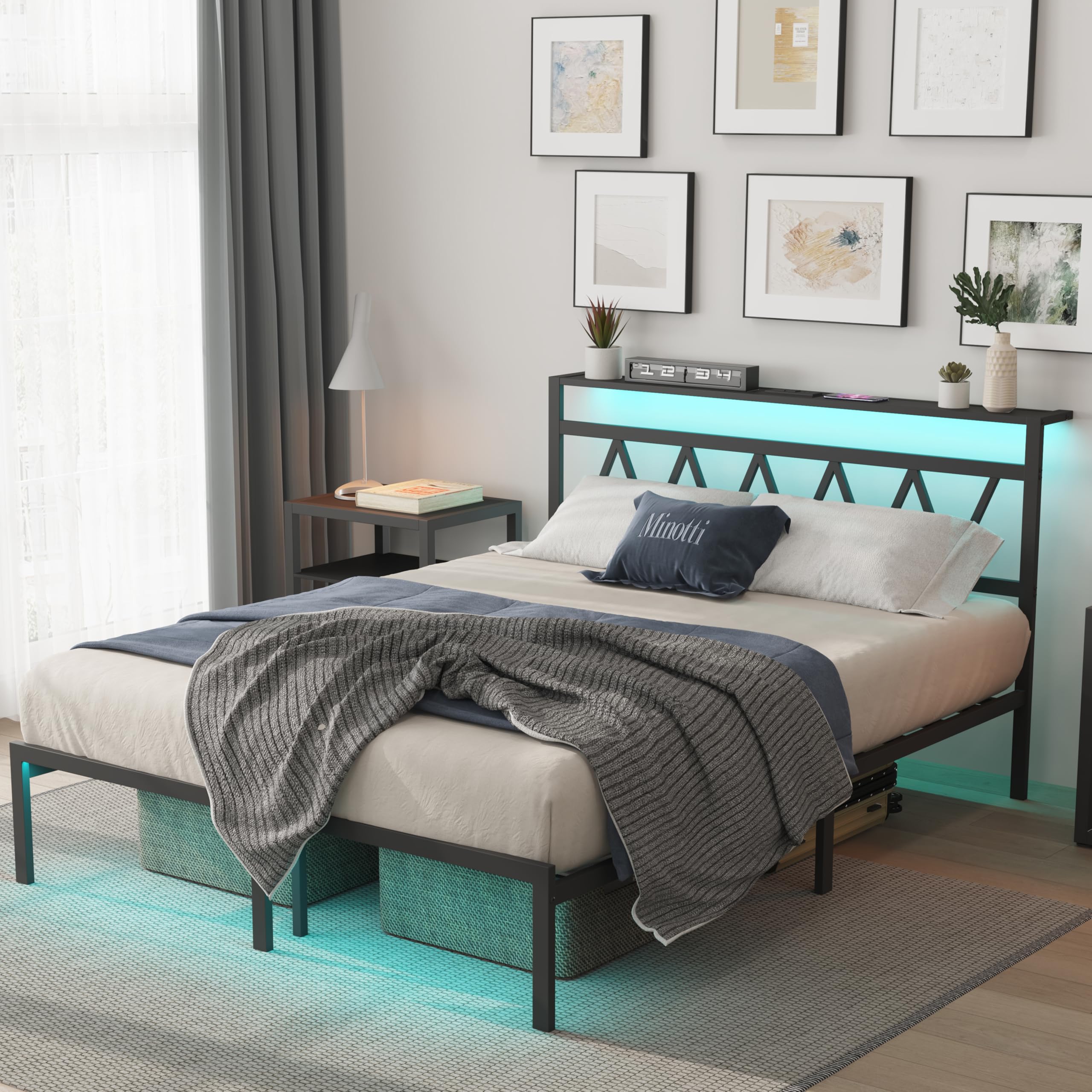 Full Bed Frame with Smart LED Lights, Storage Headboard and USB Charging Station