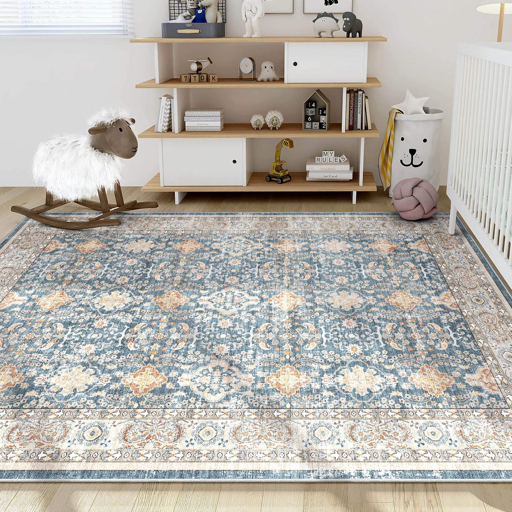 Area Rugs for Living Room: Vintage Boho Floral Print Rug, Ultra Thin Stain Resistant