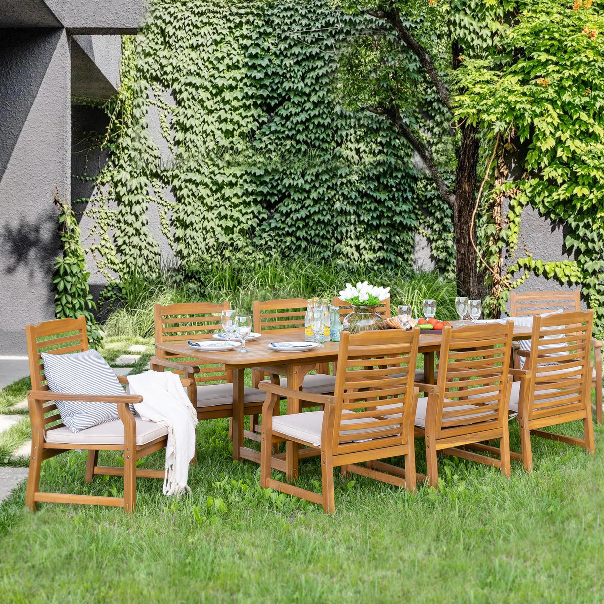 Outdoor Acacia Wood Expandable Dining Table for 6-8, Large Extendable Rectangular