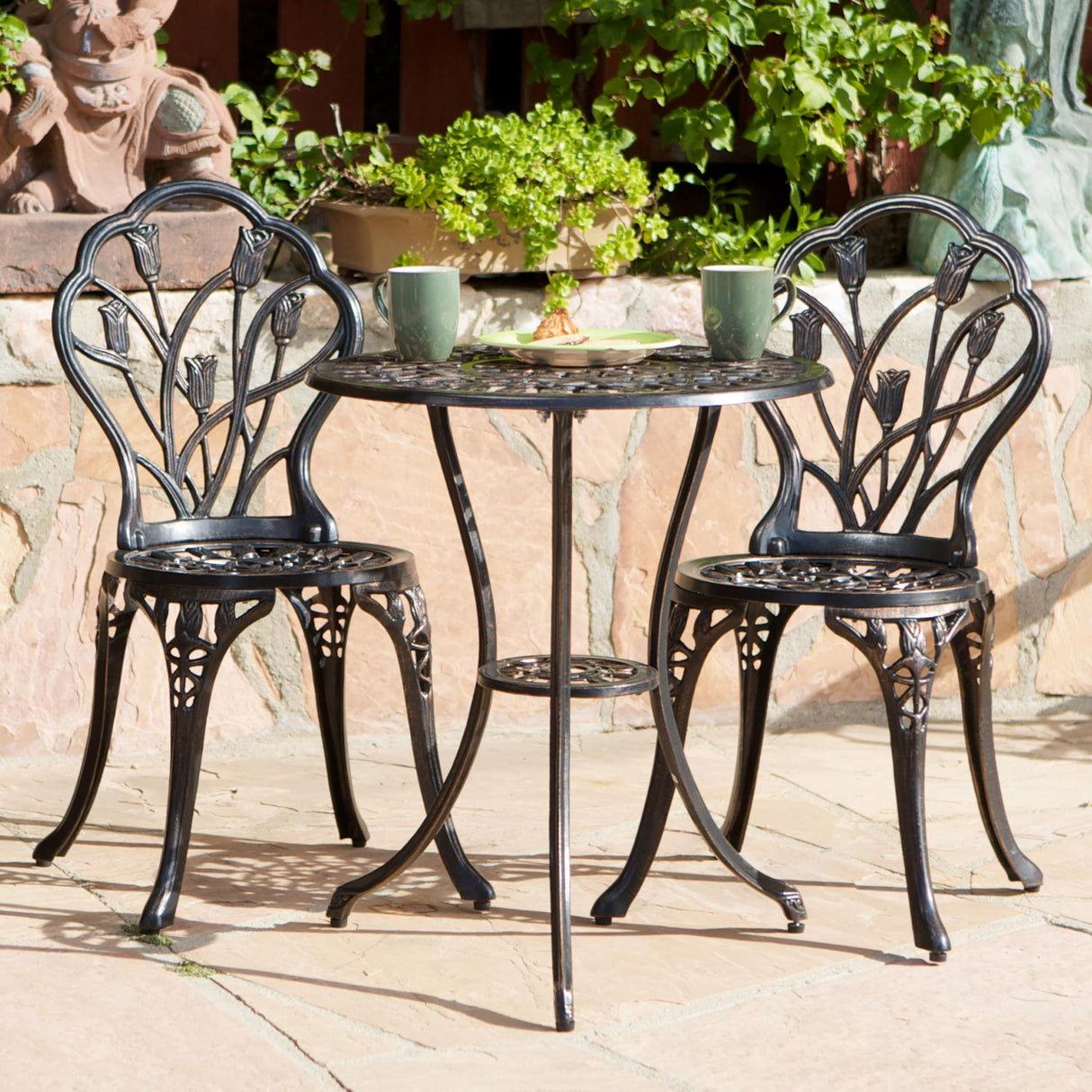 3 Piece Patio Bistro Set, Outdoor Rust-Resistant Cast Aluminum Bistro Set with 2 Chairs