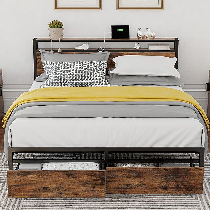 King Bed Frame with Storage Headboard, Platform Bed with Drawers and Charging Station,