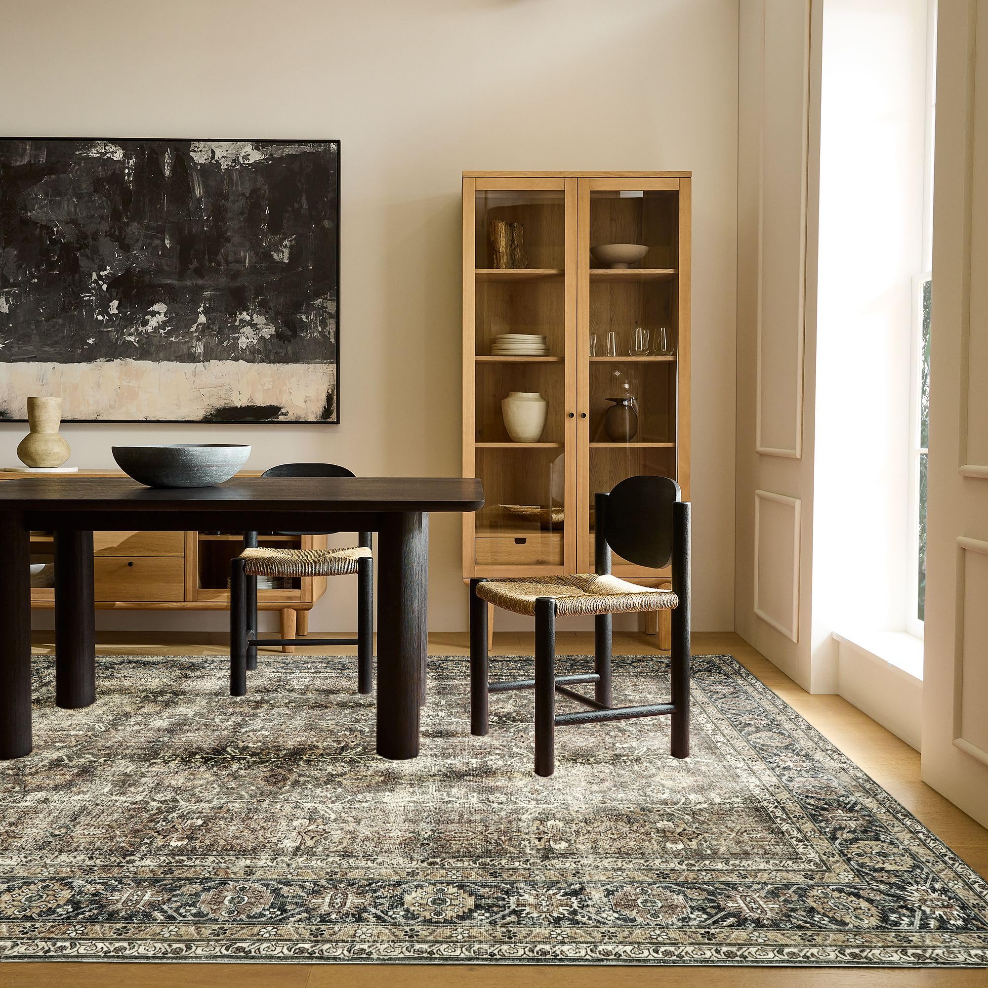 PureCozy Vintage Area Rug 4x6 Brown Bedroom Rug Indoor Kitchen Washable Living Room Carpet Tribal Distressed Rug Retro Accent Throw Rug for Office Dining Room Bathroom Faux Wool