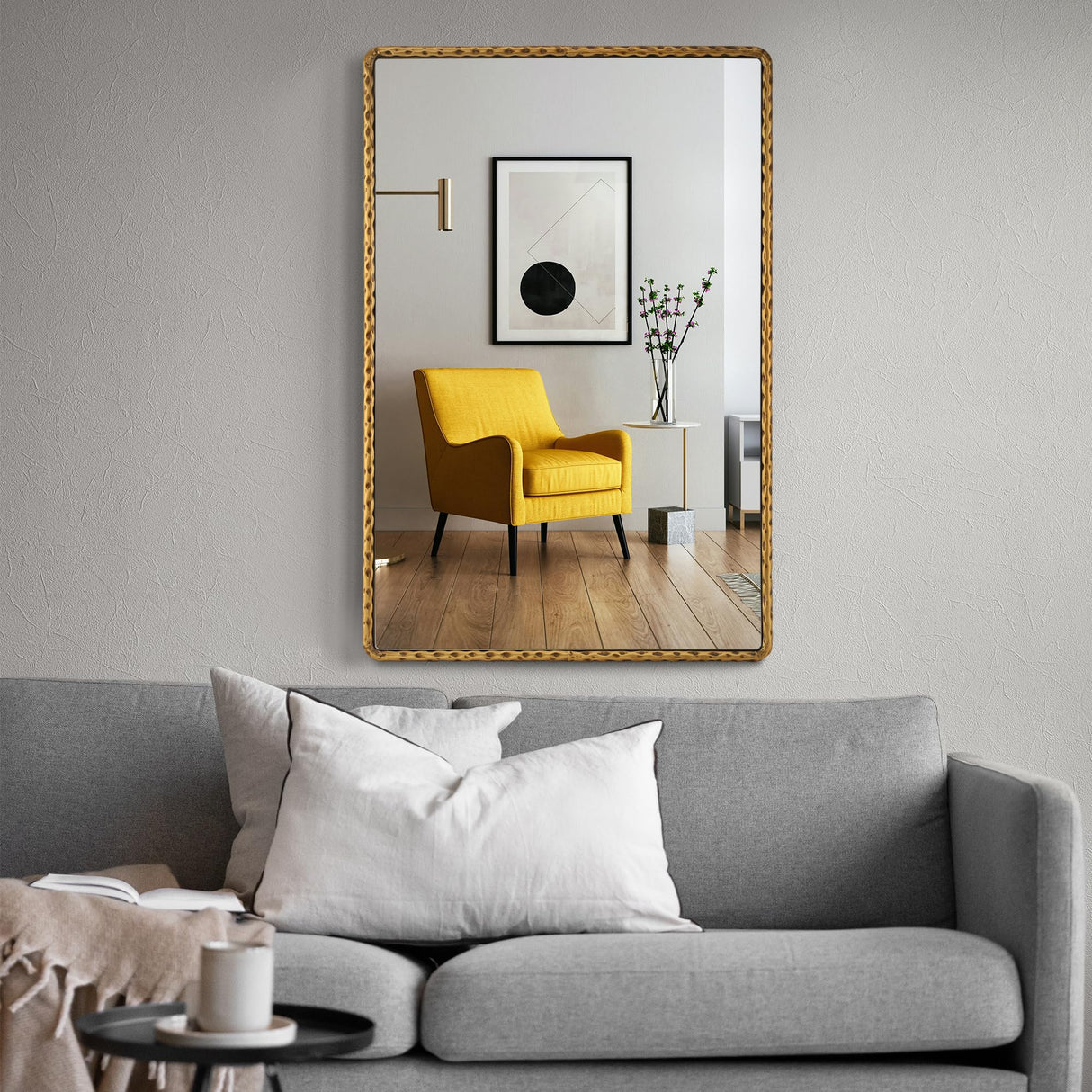 Rectangle Bathroom Mirror with Rounded Corner - Antique Gold Hammered Metal Frame 24x36