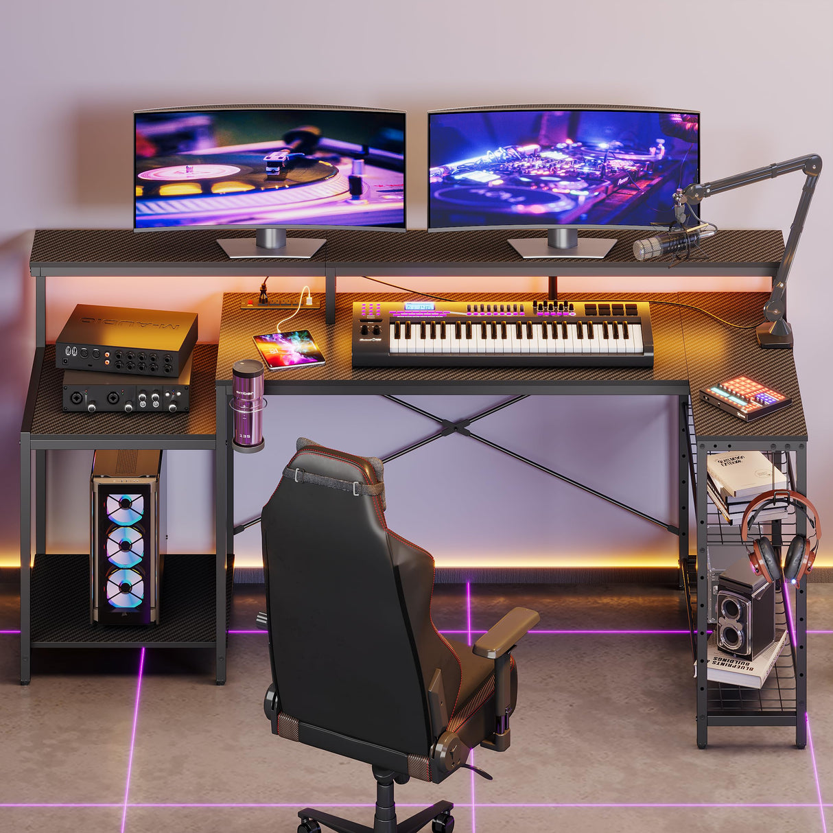 Gaming Desk with Power Outlet, 71.5 inch LED Computer Desk with Monitor Stand