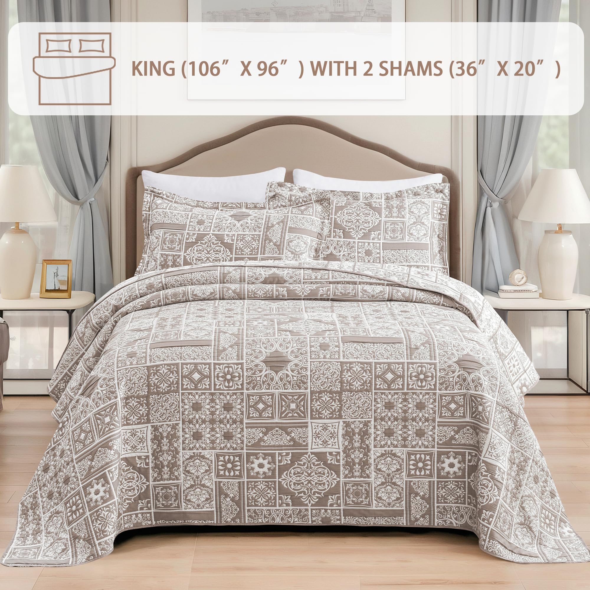 Asuexpect 3 Piece Patchwork Quilt Sets King Size, Boho Reversible Jacquard Quilts Bedding Set for All Season, Soft Lightweight Comforter Bedspread Coverlet Set (106''x96'') with 2 Shams, Brown